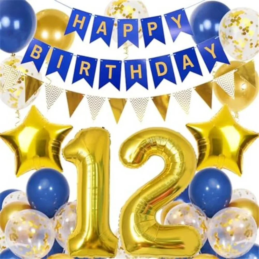 12th Birthday Decorations Boys Navy Blue Gold Balloons Banner Party Supplies Kit